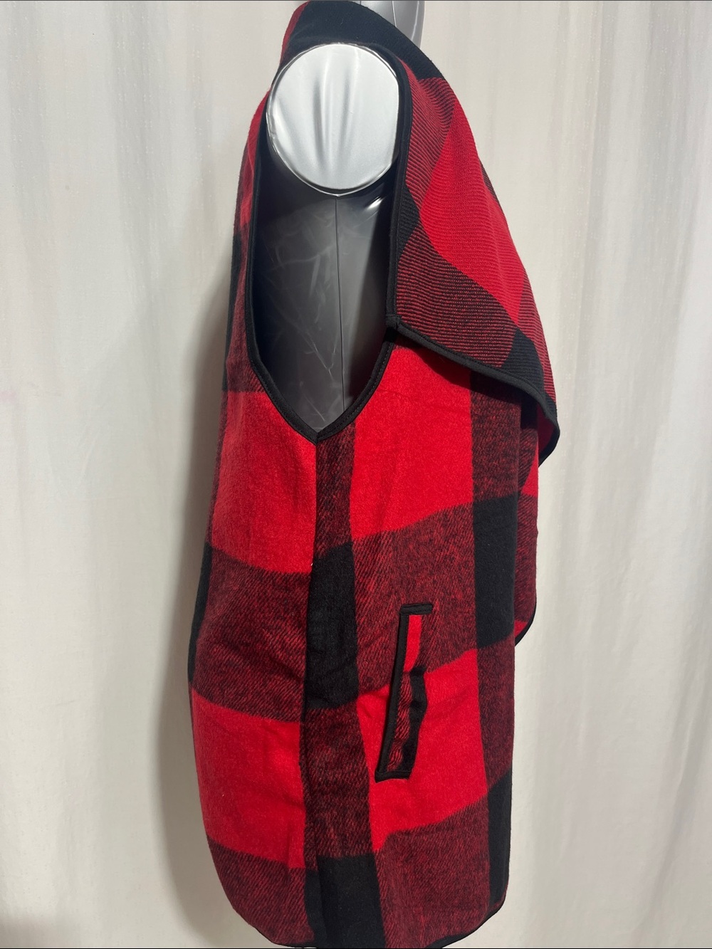 Red & Black Buffalo Plaid Draped Vest open lapel sleeveless cardigan, XL 1196 - Picture 3 of 4